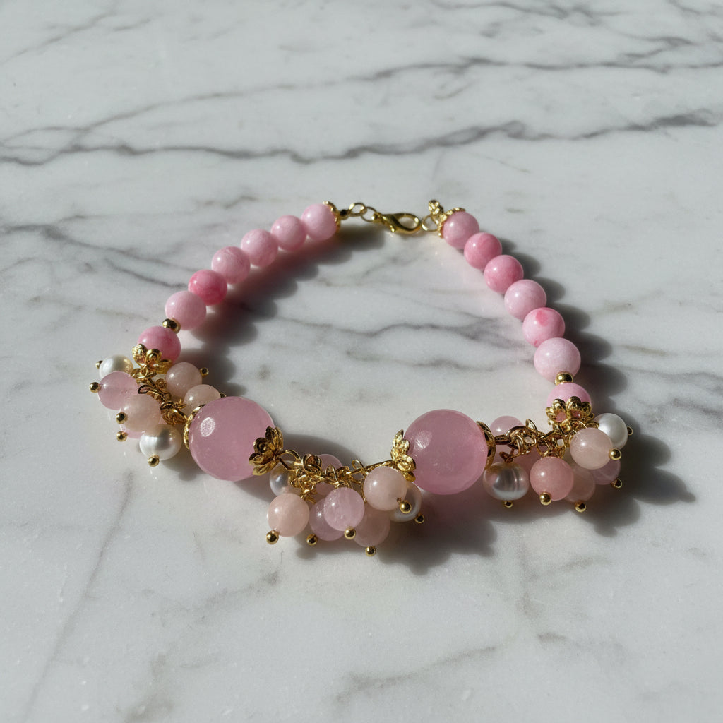 Bracciale Donna in Quarzo Rosa, Giada e Perle di Fiume | Handmade Italia
