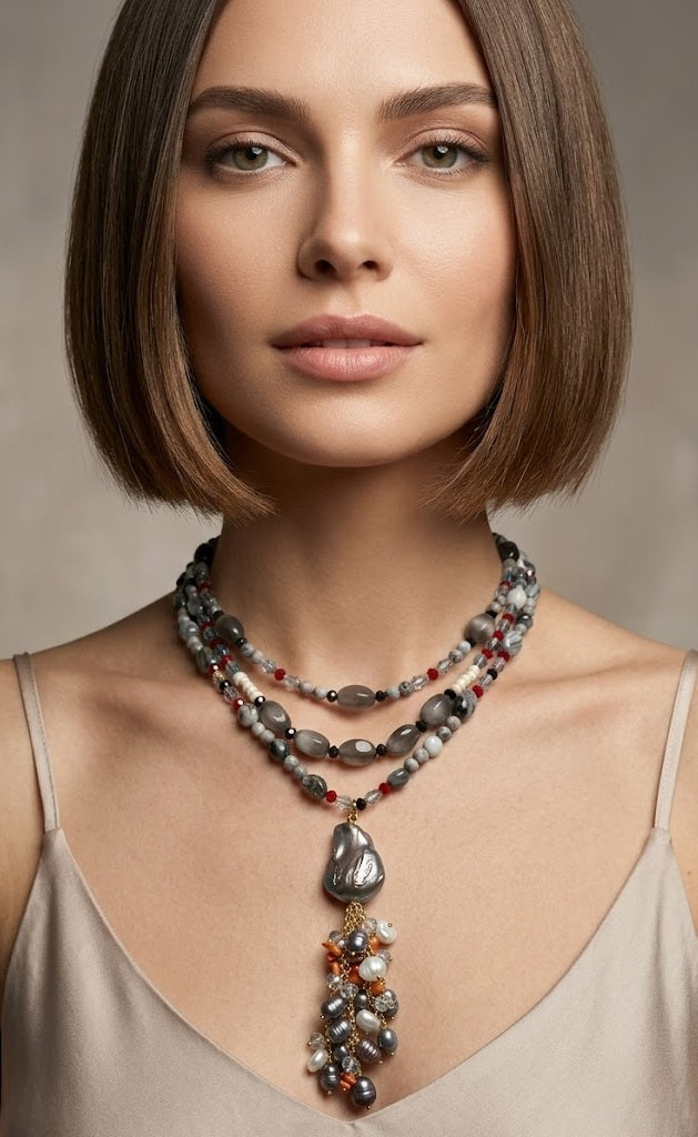 Collana Girocollo a Tre Fili in Diaspro Picasso, Perle e Pasta di Corallo | Handmade