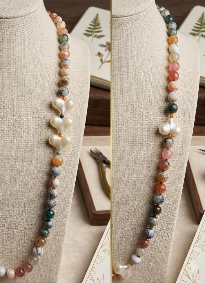 Collana Artigianale Handmade | Agata Pelle di Serpente, Cuoricini Bianchi in Acrilico | Made in Italy