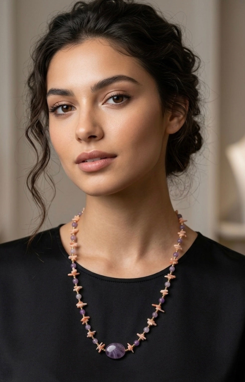 Collana girocollo in ametista lavanda e corallo bambù rosa
