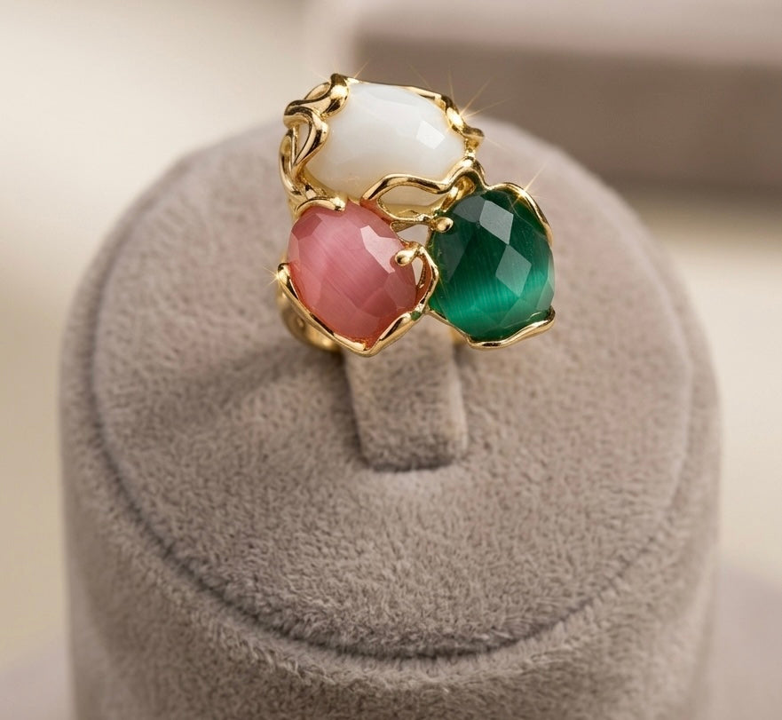 Anello Regolabile in Bronzo Dorato con Occhi di Gatto Verde, Bianco e Rosa | Handmade