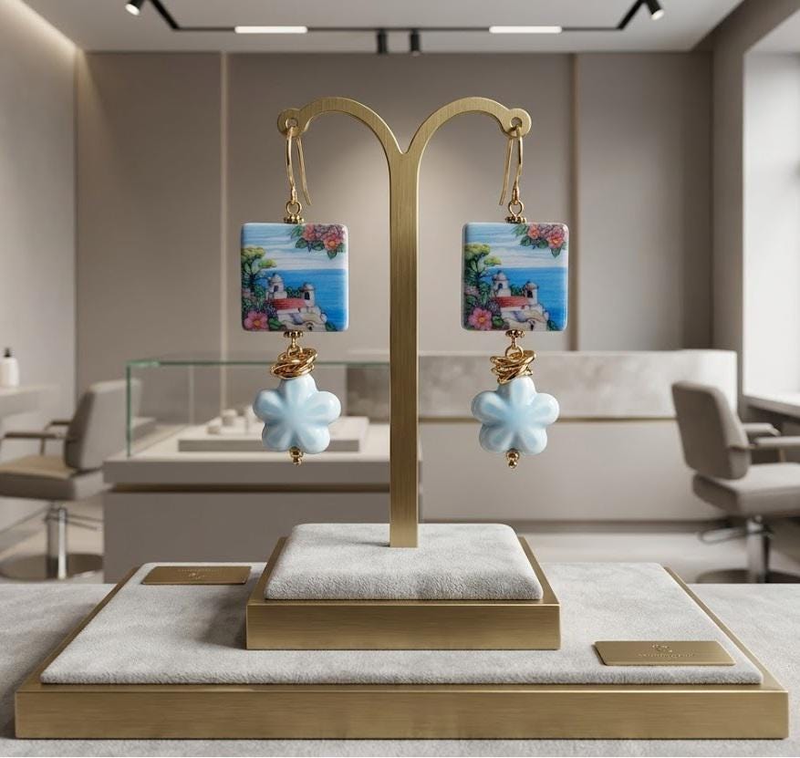 Orecchini Pendenti Lunghi in Ceramica con Paesaggio di Mare e Fiore Azzurro | Handmade
