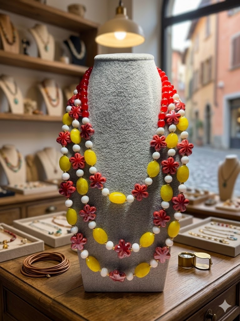 Collana Multifilo in Giada, Agata e Inserti in Ceramica a Fiore | Handmade Italia
