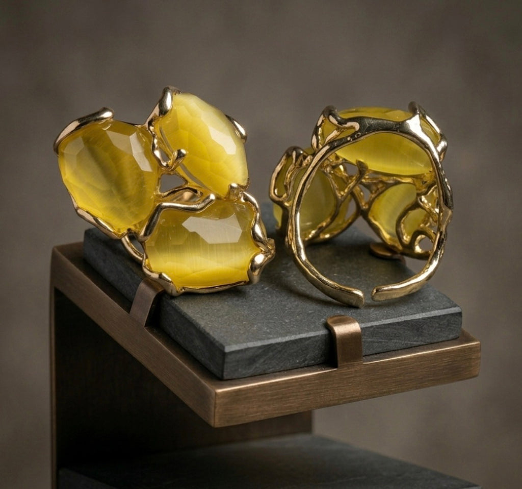 Anello Regolabile in Bronzo Dorato con Occhio di Gatto Giallo | Handmade Italia