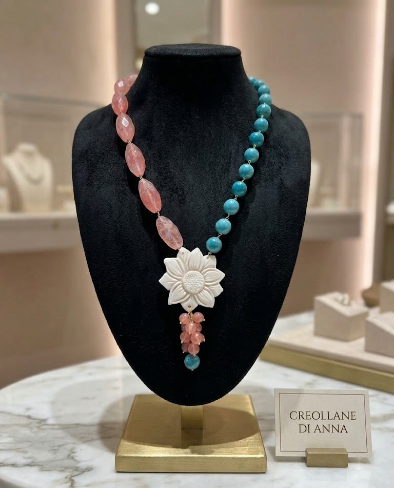 Collana Lunga Artigianale Handmade | Quarzo Ciliegia, Amazzonite, Occhio di Gatto e Cameo su Conchiglia | Made in Italy