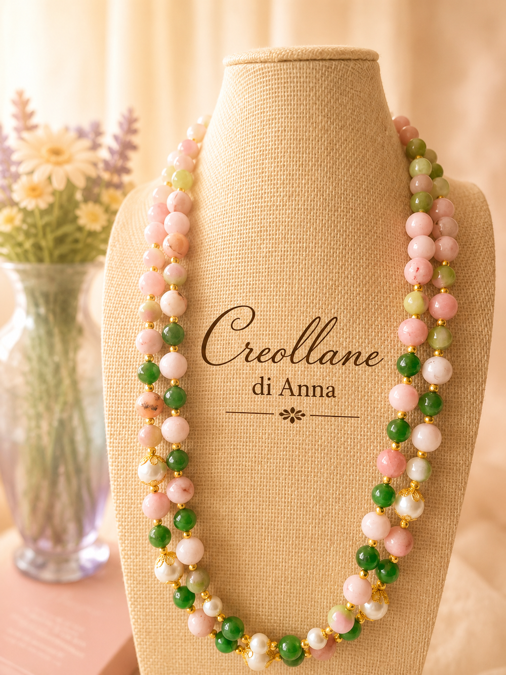 Collana Doppio Filo Pietre Naturali – Opale Rosa, Quarzite Giada Anguria, Crisoprasio, Perle Maiorca, Ematite Oro