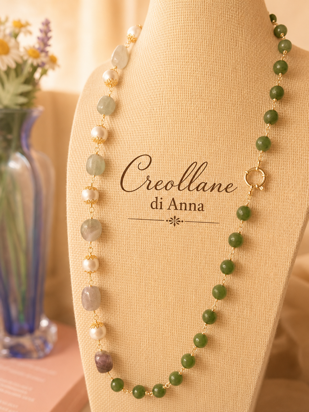 Collana Rosario Pietre Naturali – Fluorite, Crisoprasio Verde e Perle di Maiorca Bianco Caldo