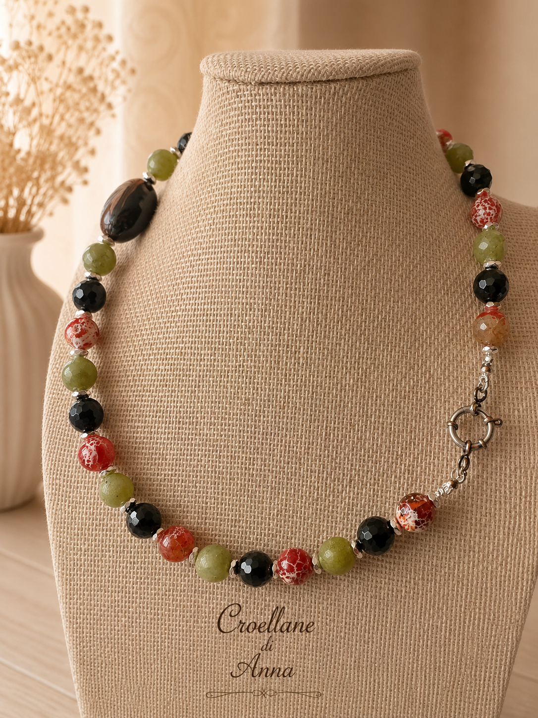 Collana Girocollo Pietre Naturali – Agata Pelle di Serpente, Serpentino, Onice Nero e Ematite Silver