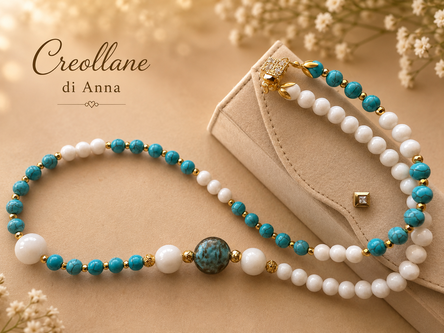 Collana Lunga Pietre Naturali – Agata Bianca, Ematite e Turchinite | Made in Italy