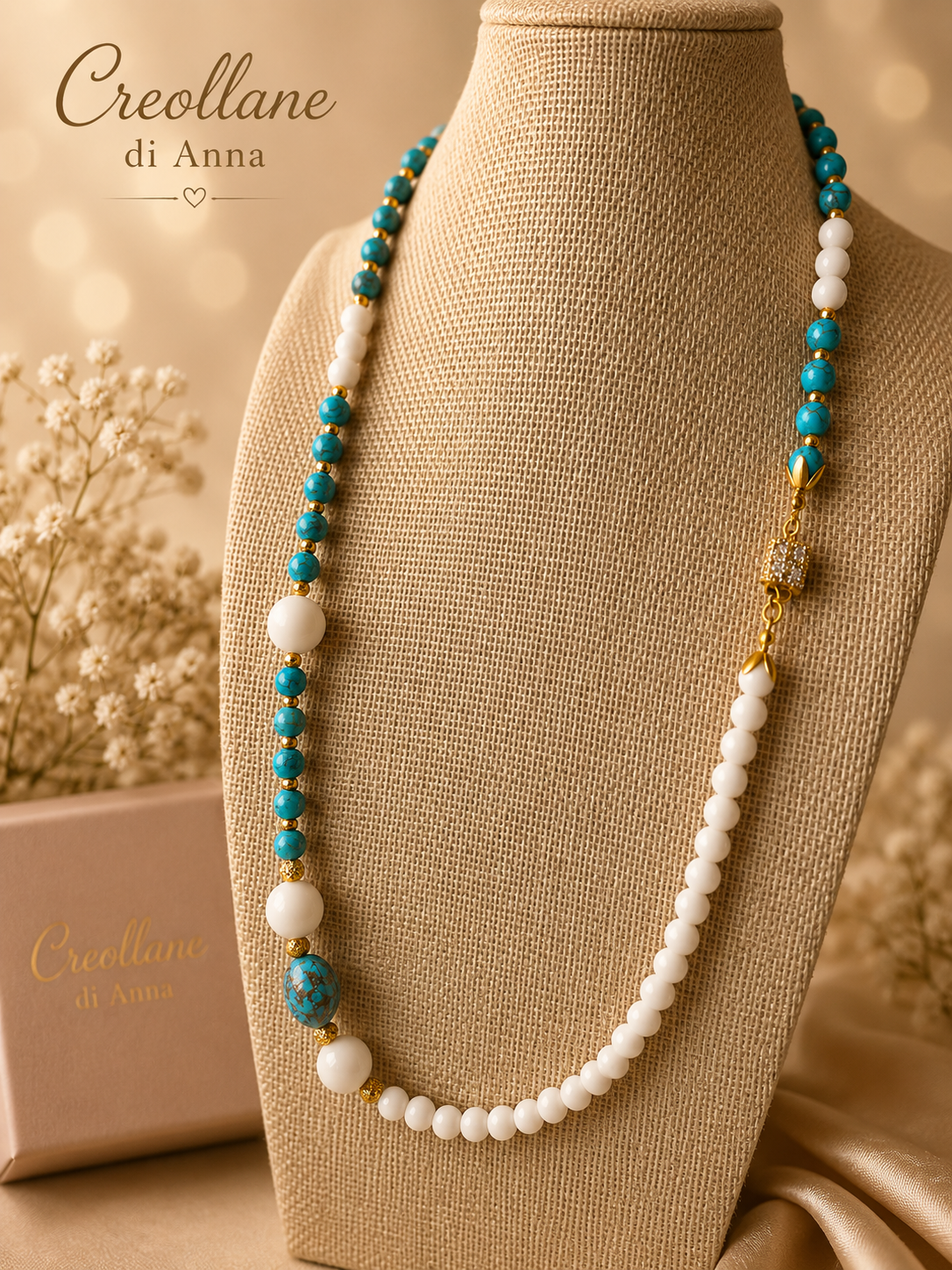 Collana Lunga Pietre Naturali – Agata Bianca, Ematite e Turchinite | Made in Italy
