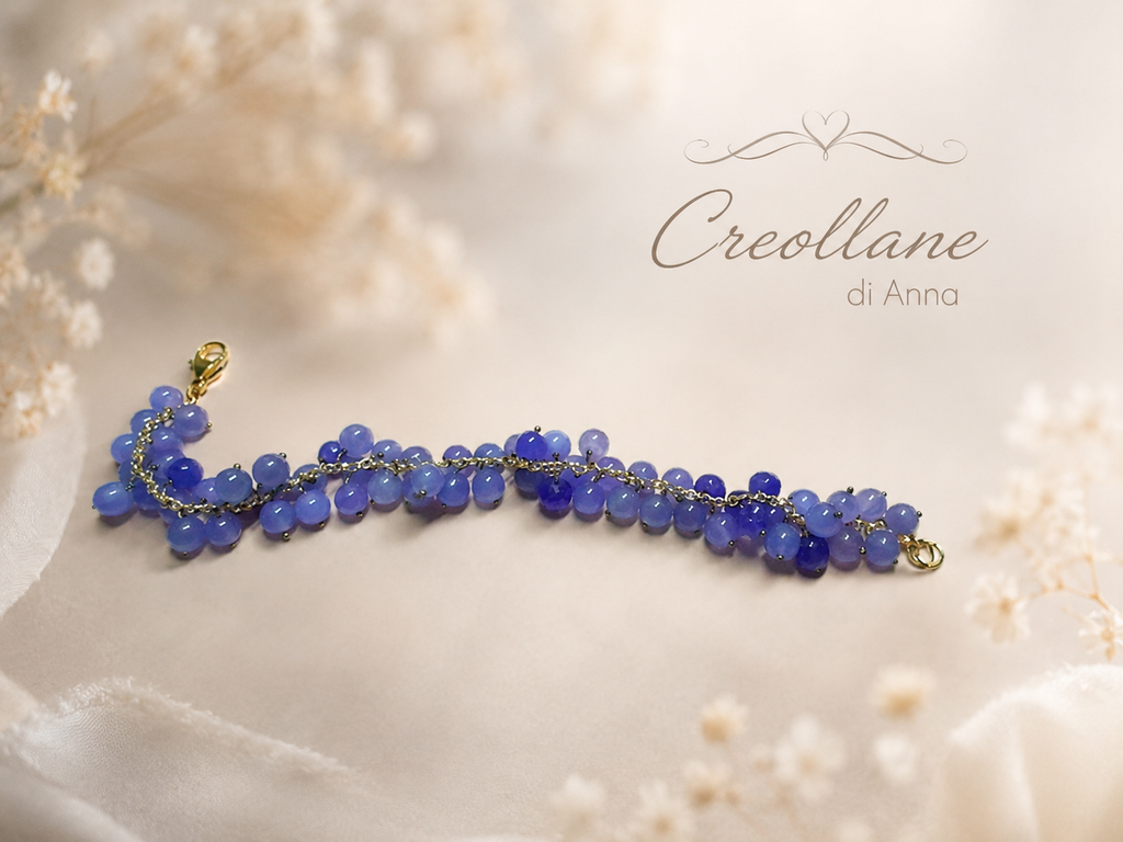 Bracciale Donna Artigianale Handmade | Calcedonio Blu Sfere Tonde 4mm su Catena | Made in Italy