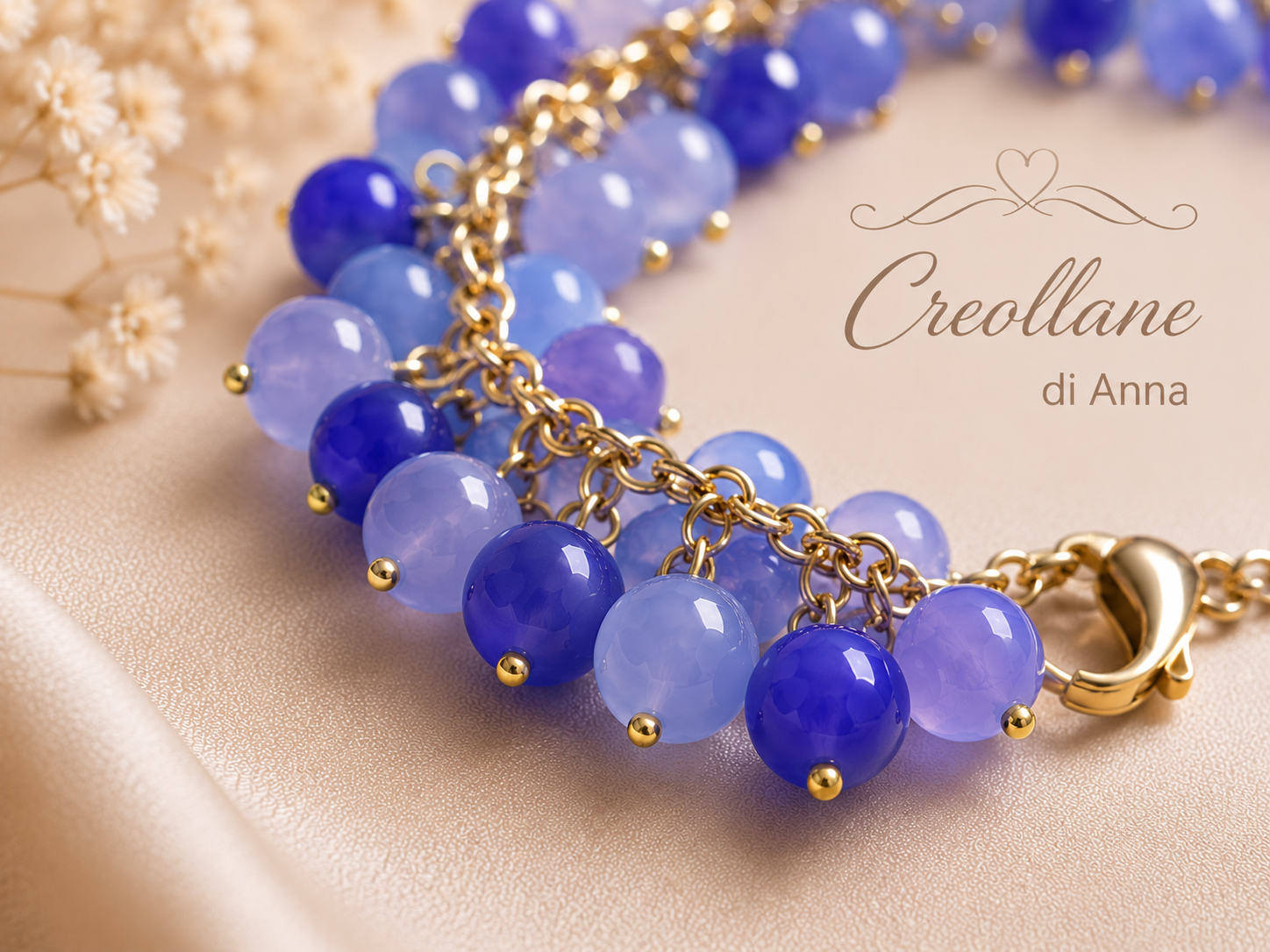 Bracciale Donna Artigianale Handmade | Calcedonio Blu Sfere Tonde 4mm su Catena | Made in Italy