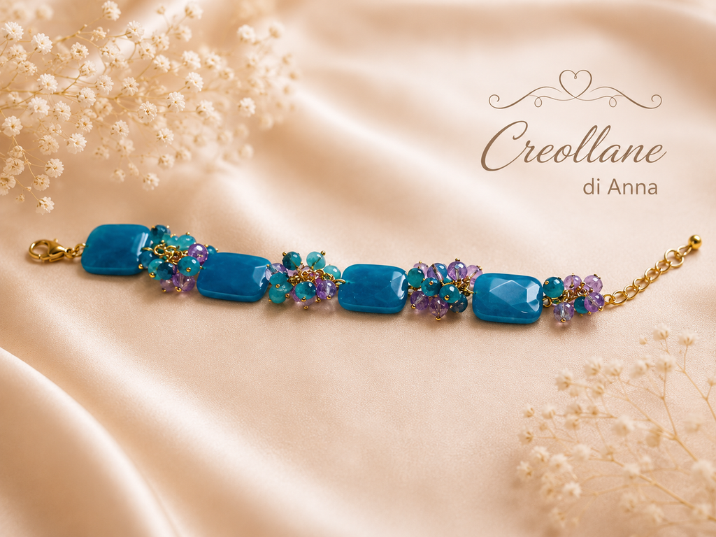 Bracciale Donna Artigianale Handmade | Calcedonio Blu Rettangolare e Cristalli Ottanio e Viola | Made in Italy