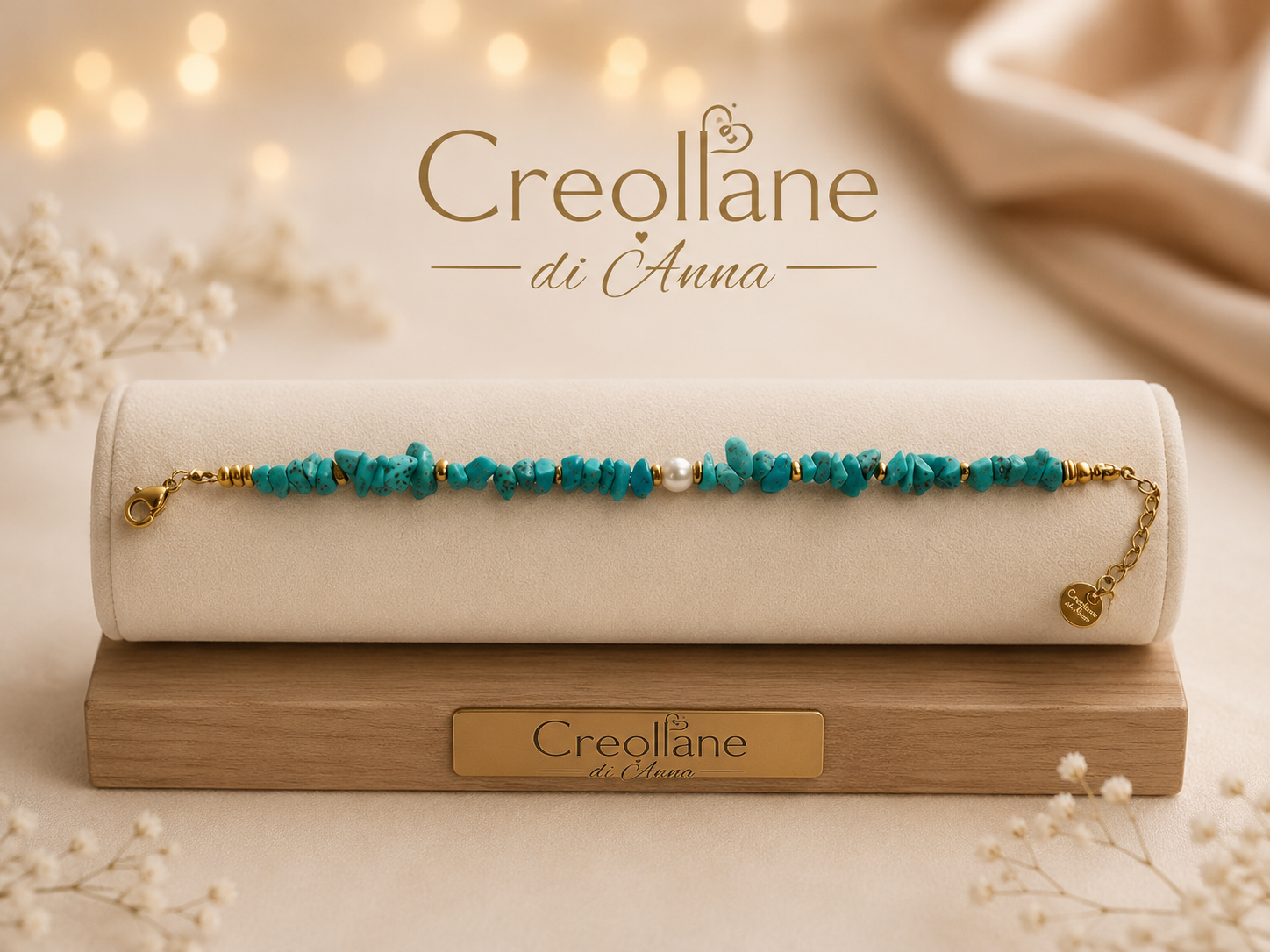 Bracciale Donna Artigianale Handmade | Turchese Grezzo Irregolare e Perline Dorate | Made in Italy