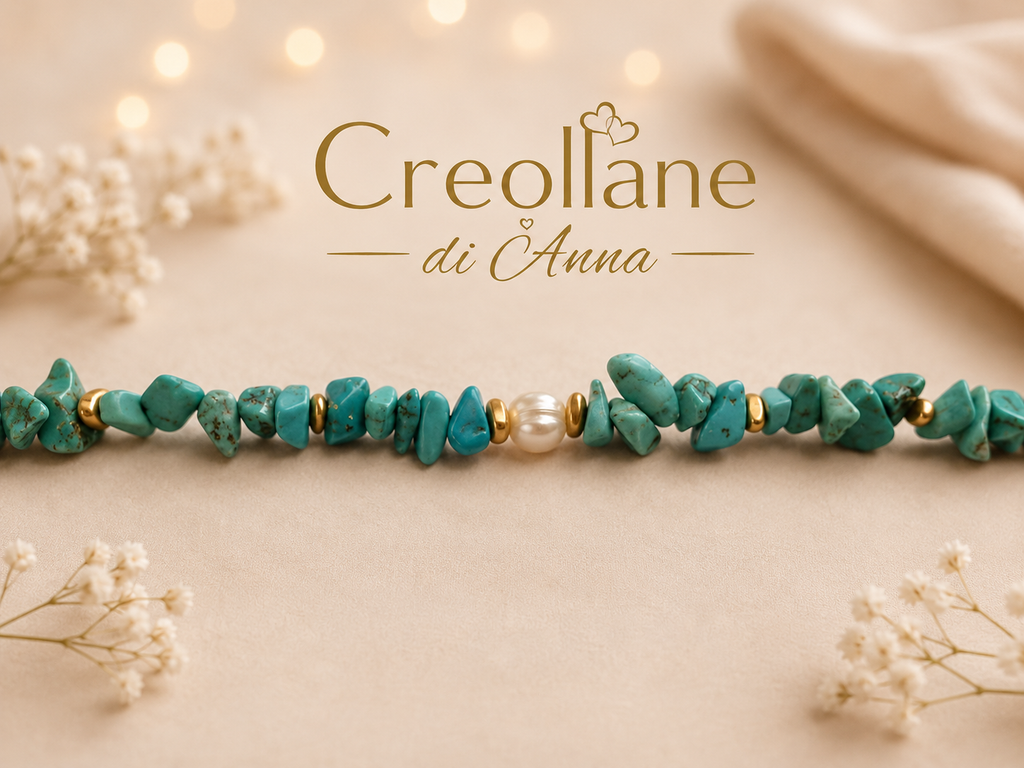 Bracciale Donna Artigianale Handmade | Turchese Grezzo Irregolare e Perline Dorate | Made in Italy