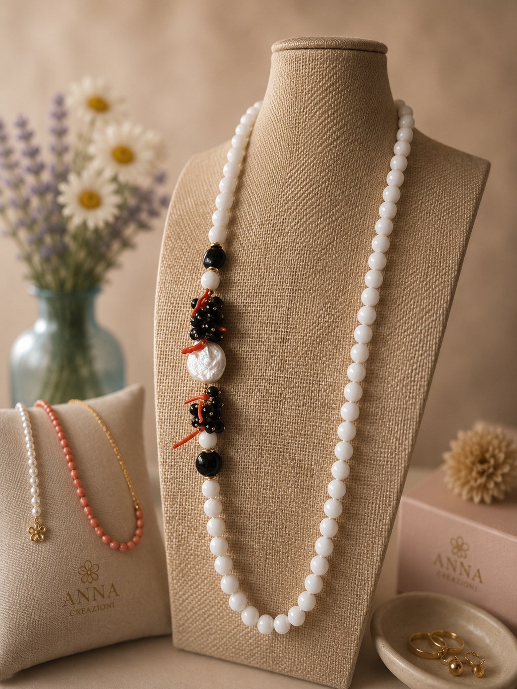 Collana Donna Artigianale Handmade | Onice Bianco e Nero, Perla Barocca e Corallo | Made in Italy