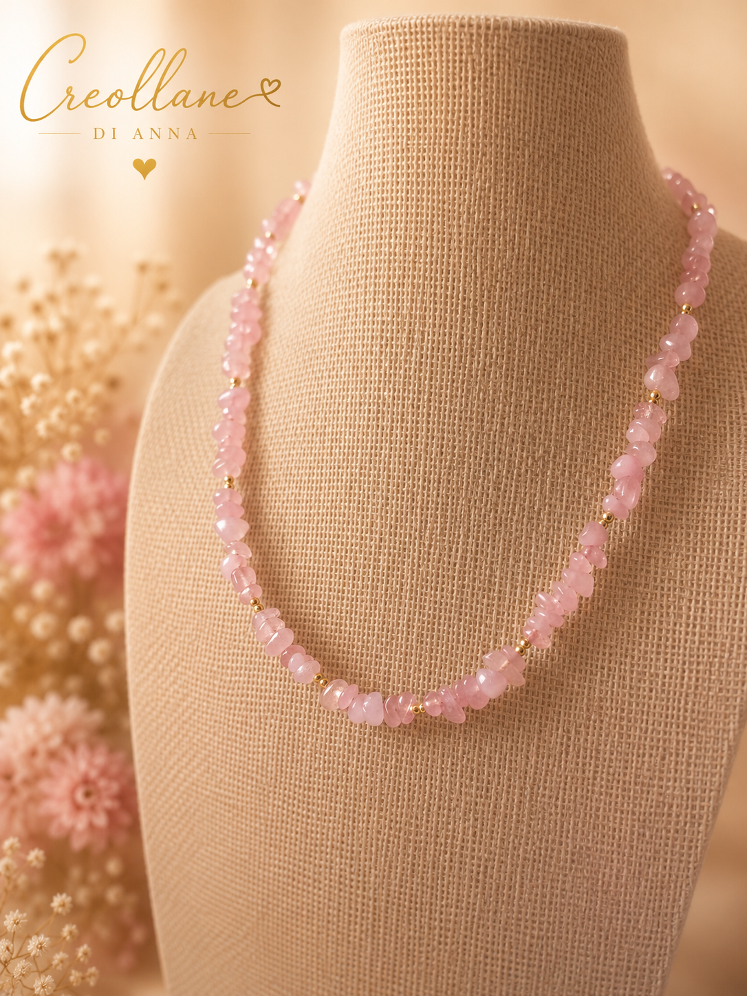 Collana Donna Artigianale Handmade | Quarzo Rosa Chips, Ematite e Pendente Turchese e Opale Rosa | Made in Italy