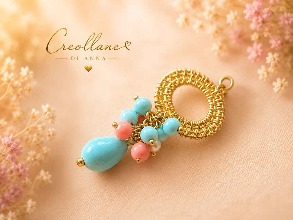 Collana Donna Artigianale Handmade | Quarzo Rosa Chips, Ematite e Pendente Turchese e Opale Rosa | Made in Italy
