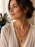 Collana Donna Artigianale Handmade | Quarzo Rosa Chips, Ematite e Pendente Turchese e Opale Rosa | Made in Italy