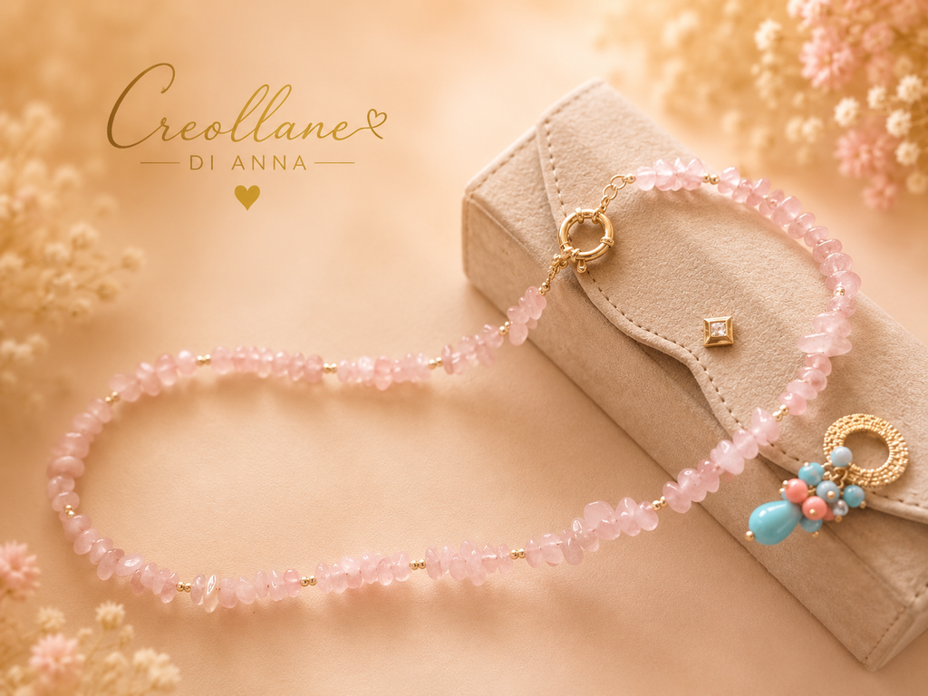 Collana Donna Artigianale Handmade | Quarzo Rosa Chips, Ematite e Pendente Turchese e Opale Rosa | Made in Italy