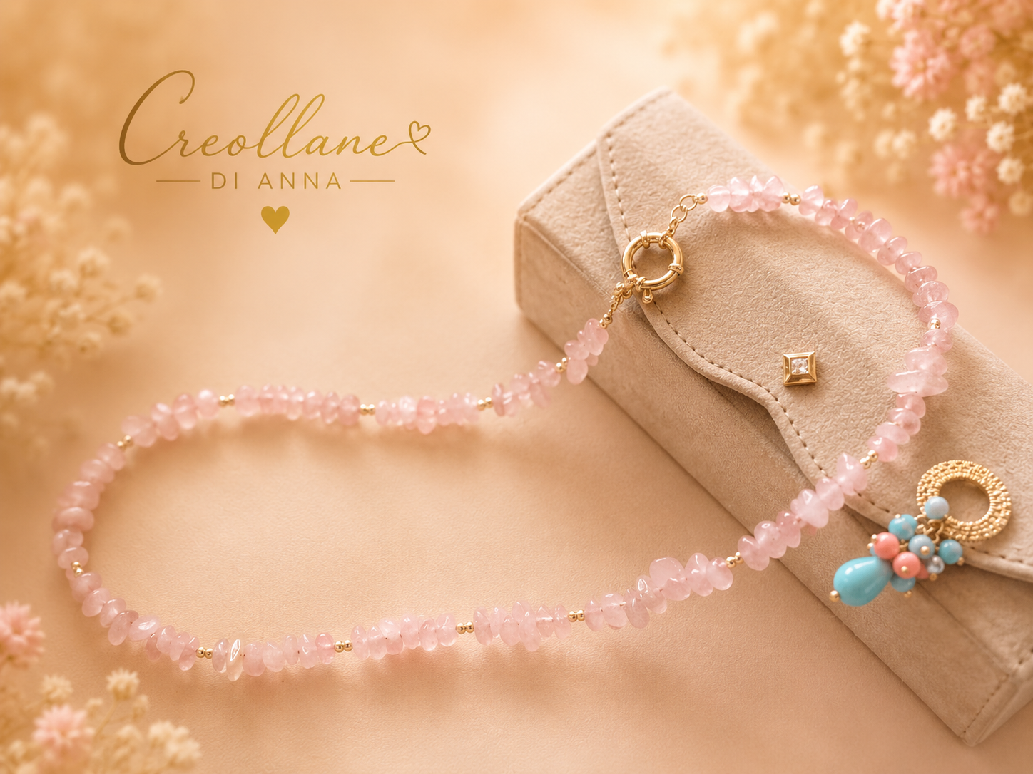 Collana Donna Artigianale Handmade | Quarzo Rosa Chips, Ematite e Pendente Turchese e Opale Rosa | Made in Italy