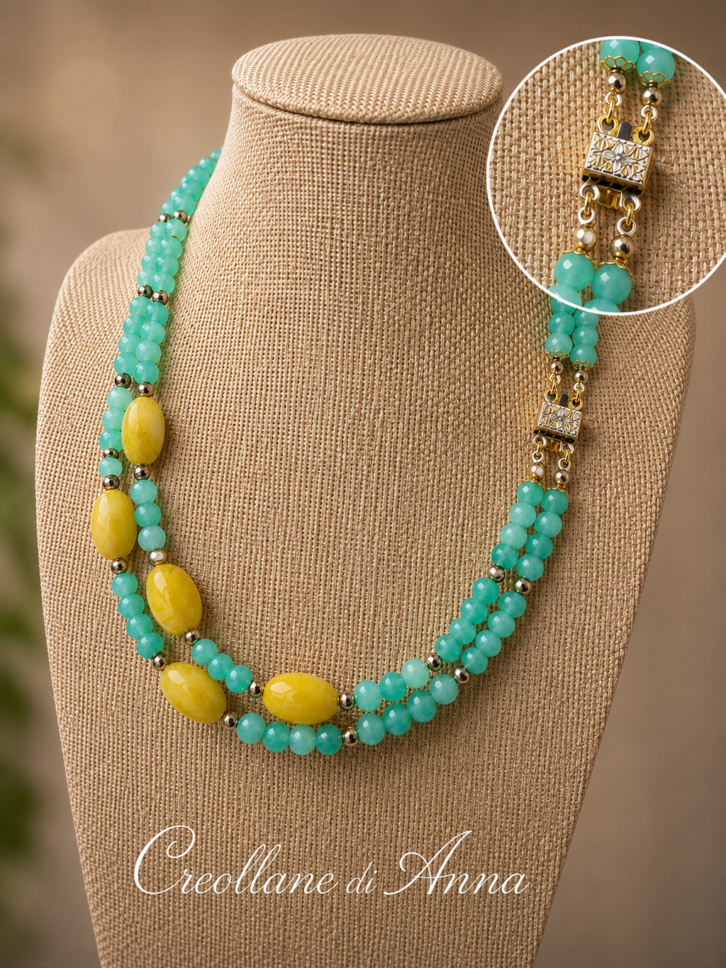 Collana Girocollo Doppio Filo Artigianale Handmade | Crisoprasio, Giada, Perle di Fiume ed Ematite | Made in Italy