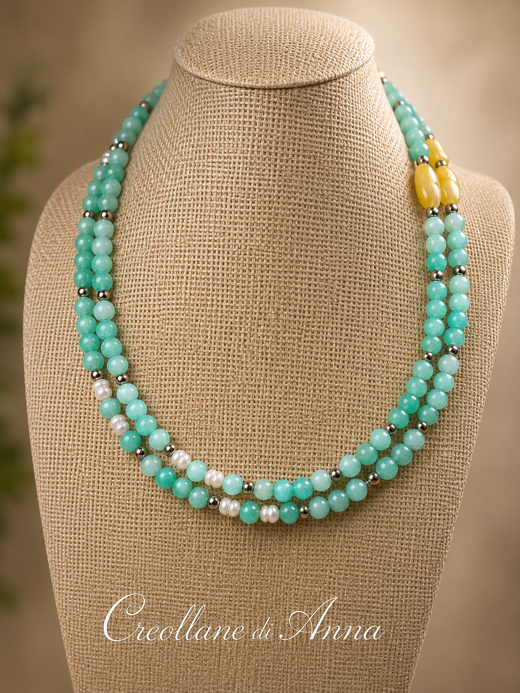 Collana Girocollo Doppio Filo Artigianale Handmade | Crisoprasio, Giada, Perle di Fiume ed Ematite | Made in Italy