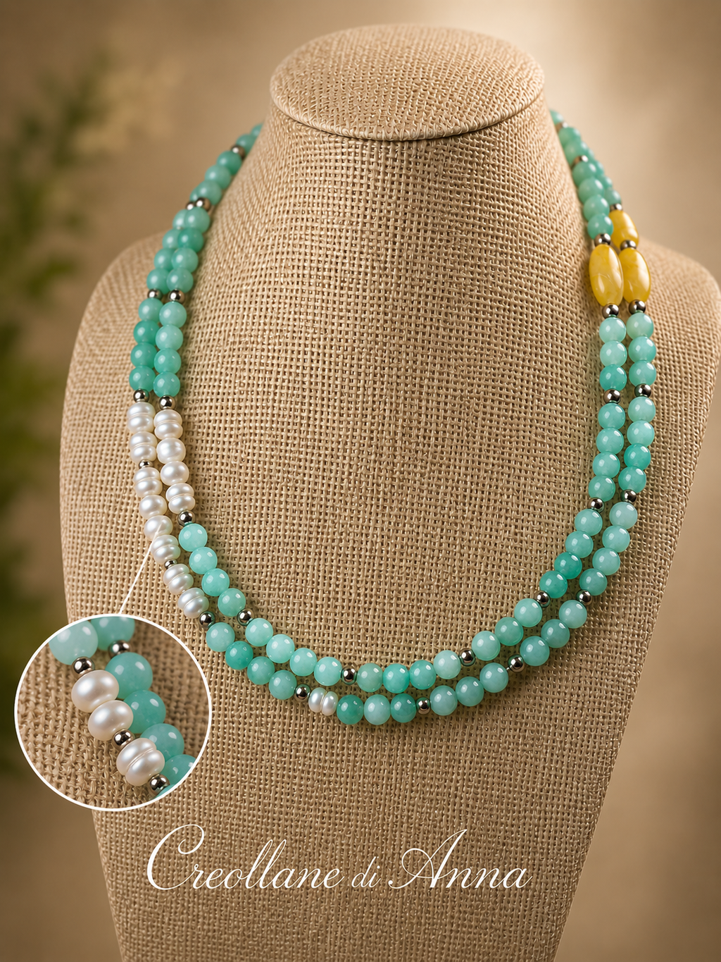 Collana Girocollo Doppio Filo Artigianale Handmade | Crisoprasio, Giada, Perle di Fiume ed Ematite | Made in Italy