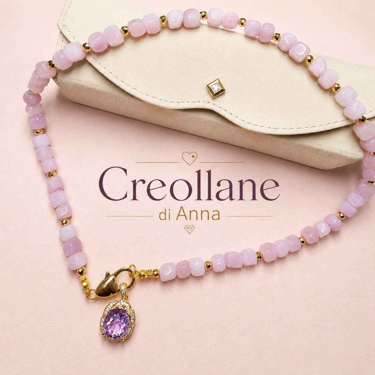 Collana Artigianale Handmade | Kunzite Rosa, Ematite Oro e Ciondolo Cristalli Bianchi e Lilla | Made in Italy