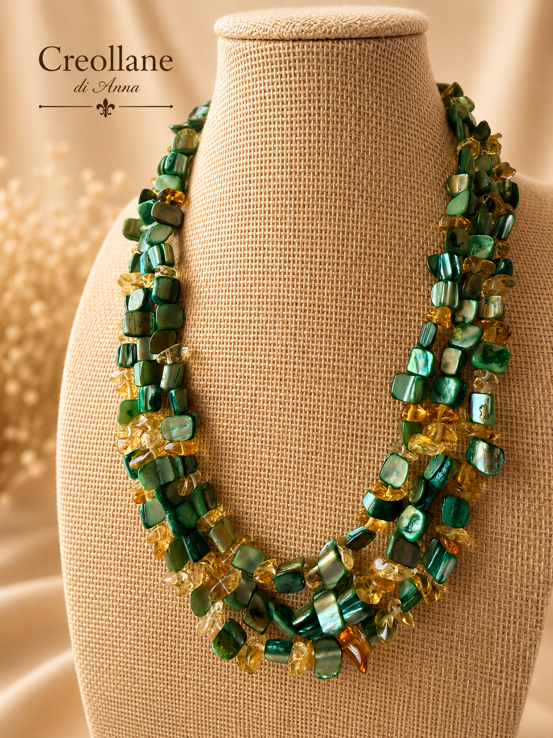 Collana Multifilo Artigianale Handmade | Madreperla Verde e Quarzo Citrino a Chips | Made in Italy