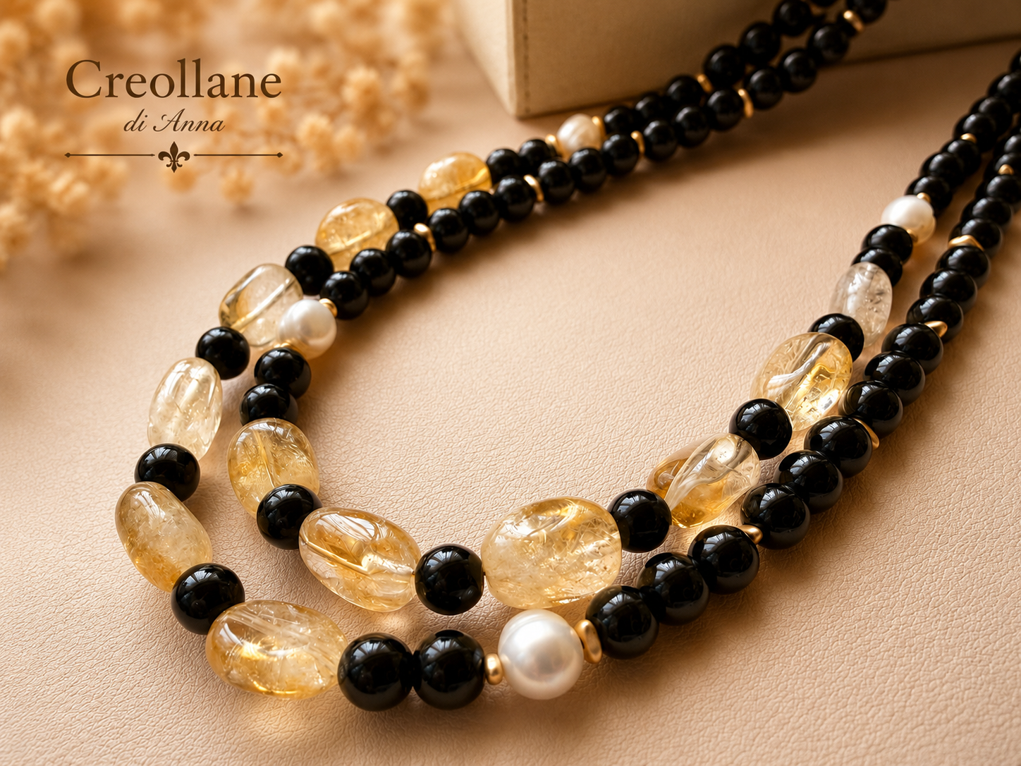 Collana Doppio Filo Artigianale Handmade | Onice Nero, Perle di Fiume e Quarzo Citrino | Made in Italy