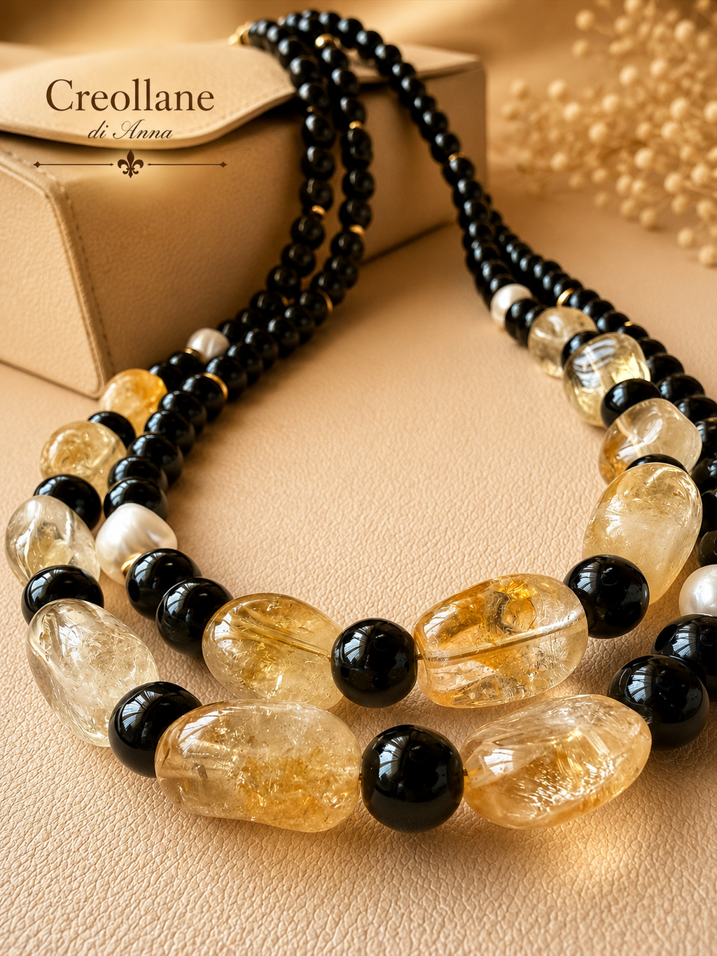 Collana Doppio Filo Artigianale Handmade | Onice Nero, Perle di Fiume e Quarzo Citrino | Made in Italy