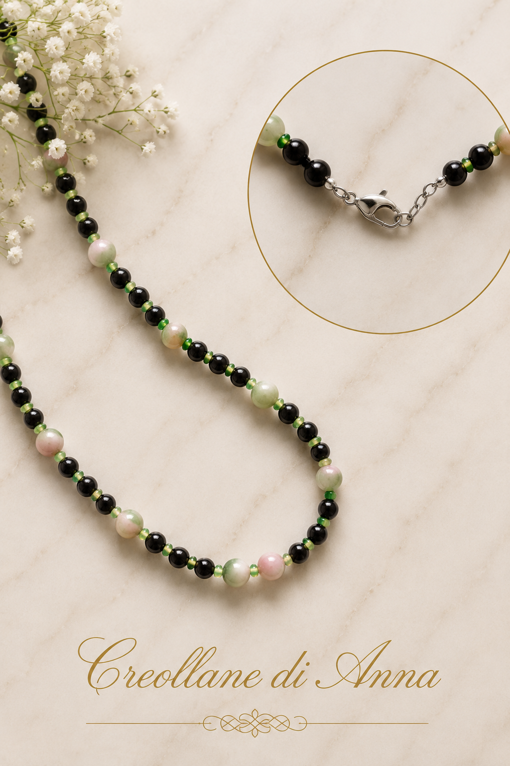 Collana Artigianale Handmade | Onice Nero, Giada Persiana Verde e Rosa, Cristalli Sfaccettati | Made in Italy
