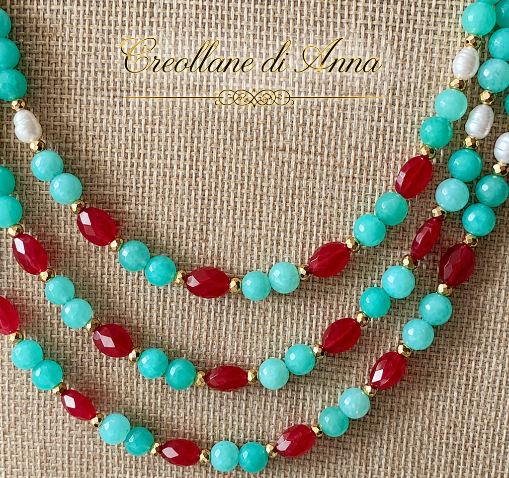 Collana Multifilo Artigianale Handmade | Crisoprasio, Radice di Rubino, Occhio di Gatto e Perle di Fiume | Made in Italy