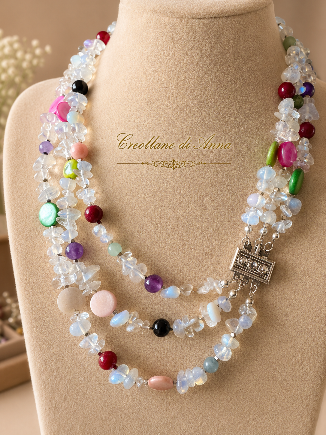 Collana Girocollo Tre Fili Artigianale Handmade | Opalite, Pietre Naturali e Madreperla Multicolore | Made in Italy