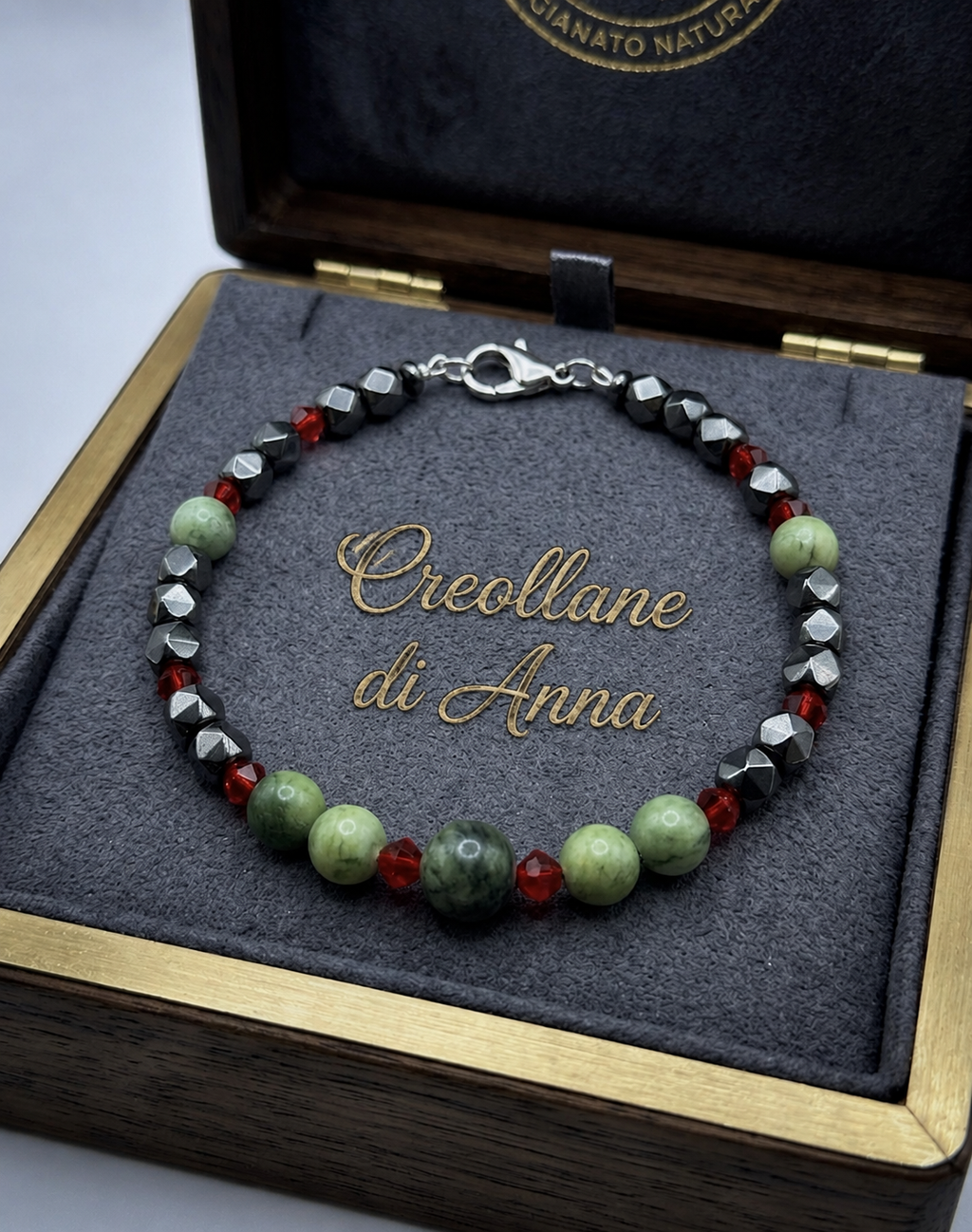 Bracciale Uomo Ematite, Serpentino e Cristallo Rosso | Handmade Made in Italy
