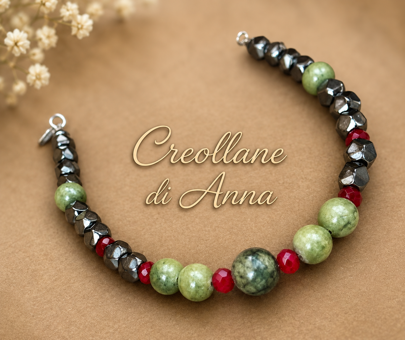 Bracciale Uomo Ematite, Serpentino e Cristallo Rosso | Handmade Made in Italy