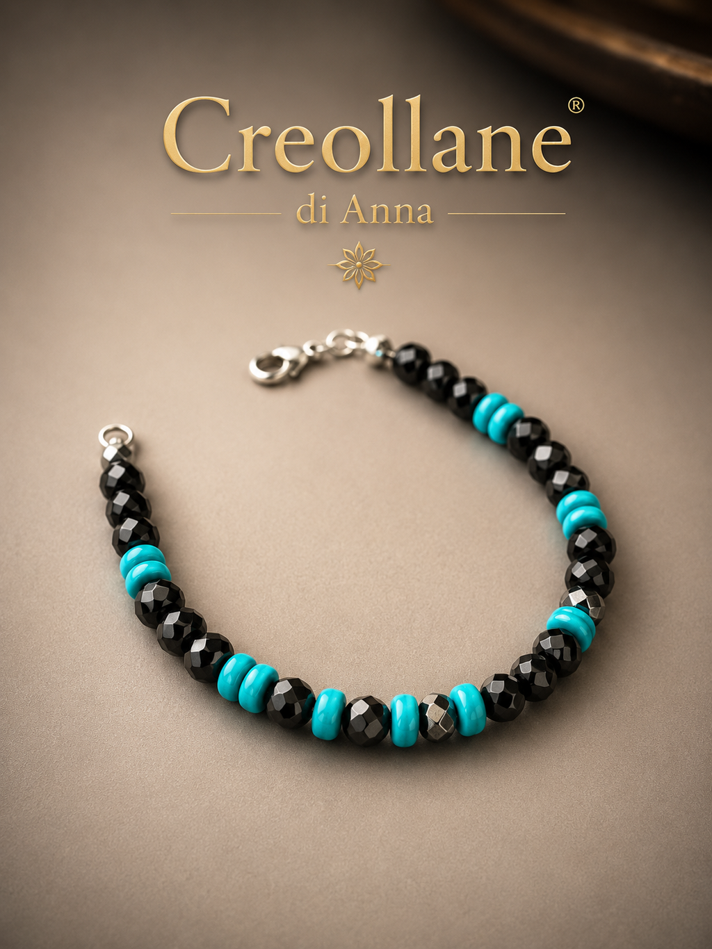 Bracciale Uomo Onice Nero, Turchinite Azzurra ed Ematite Esagonale | Handmade Made in Italy