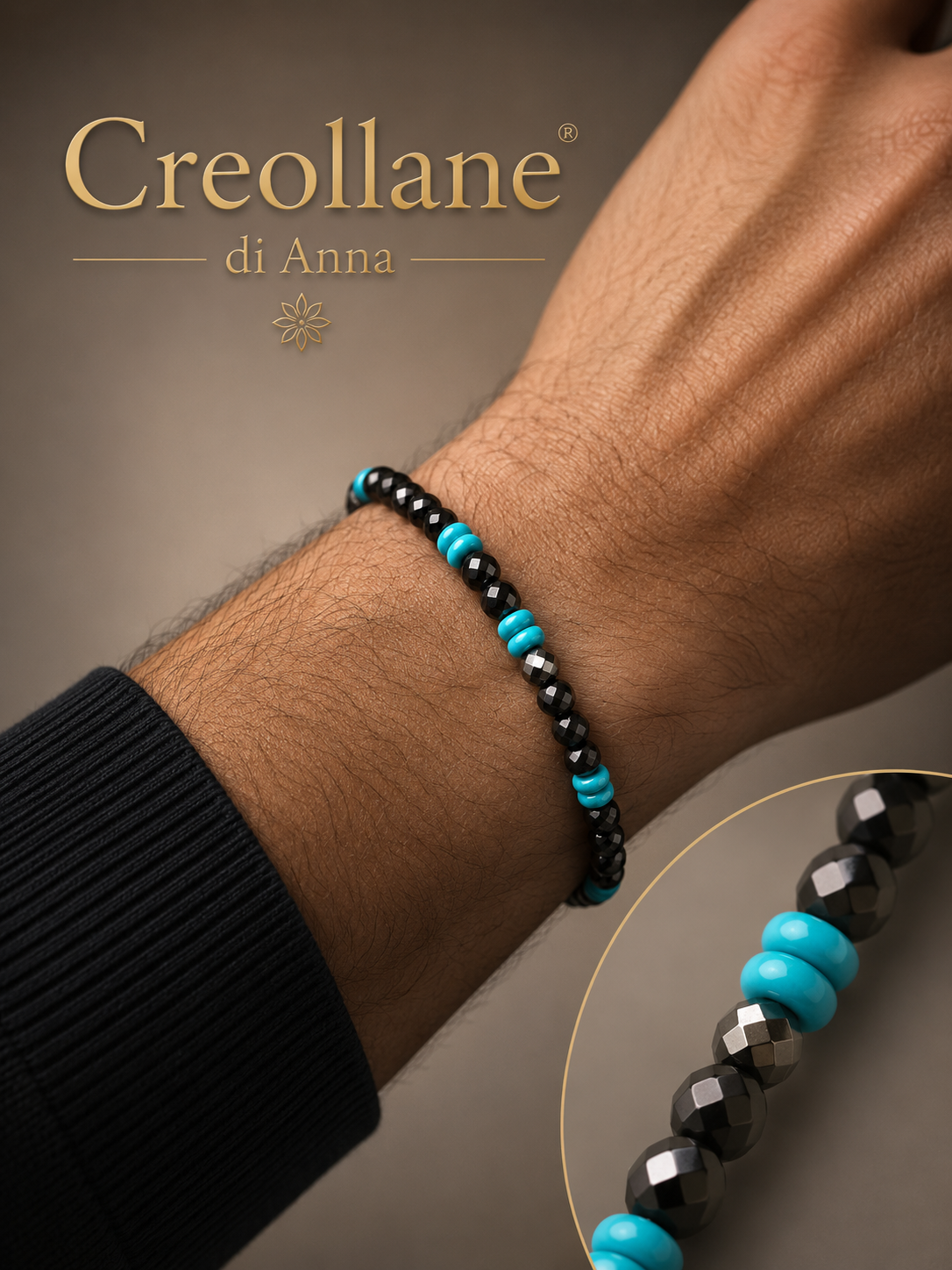 Bracciale Uomo Onice Nero, Turchinite Azzurra ed Ematite Esagonale | Handmade Made in Italy
