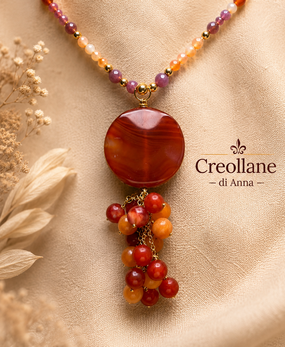 Collana Artigianale Handmade | Cristalli e Ciondolo Corniola | Made in Italy