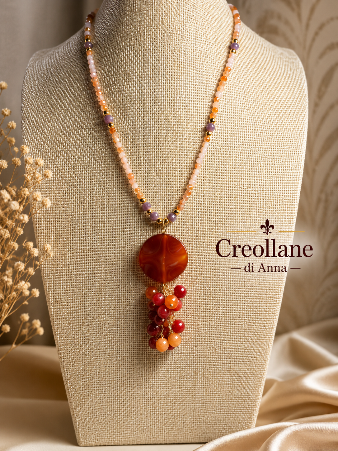 Collana Artigianale Handmade | Cristalli e Ciondolo Corniola | Made in Italy