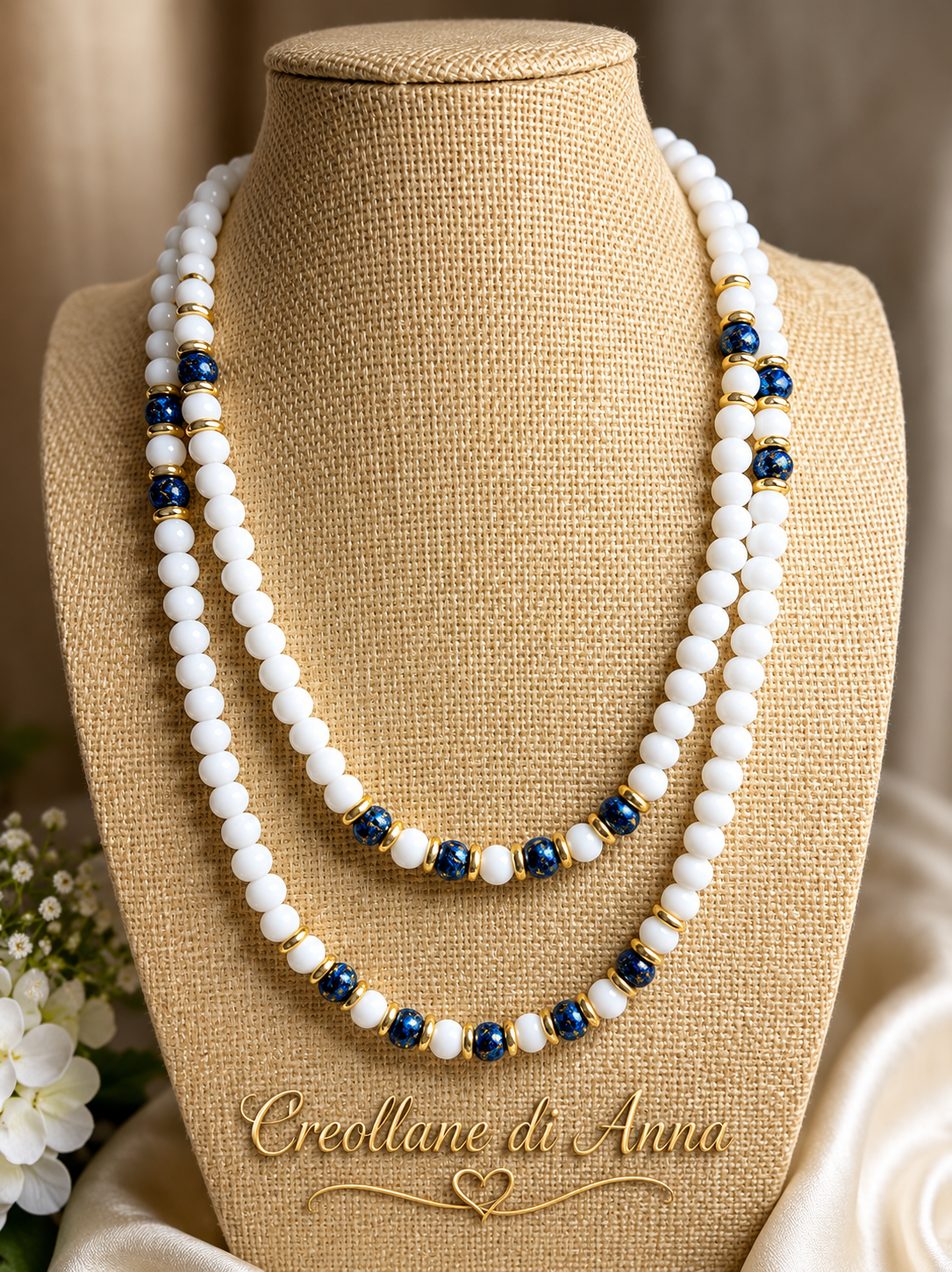 Collana Artigianale Handmade | Opale Bianco, Pietra Vulcanica Blu e Swarovski | Made in Italy