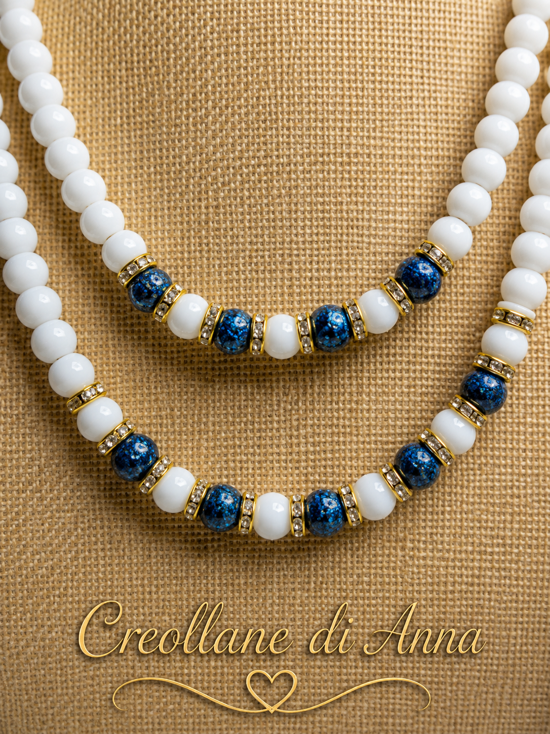 Collana Artigianale Handmade | Opale Bianco, Pietra Vulcanica Blu e Swarovski | Made in Italy