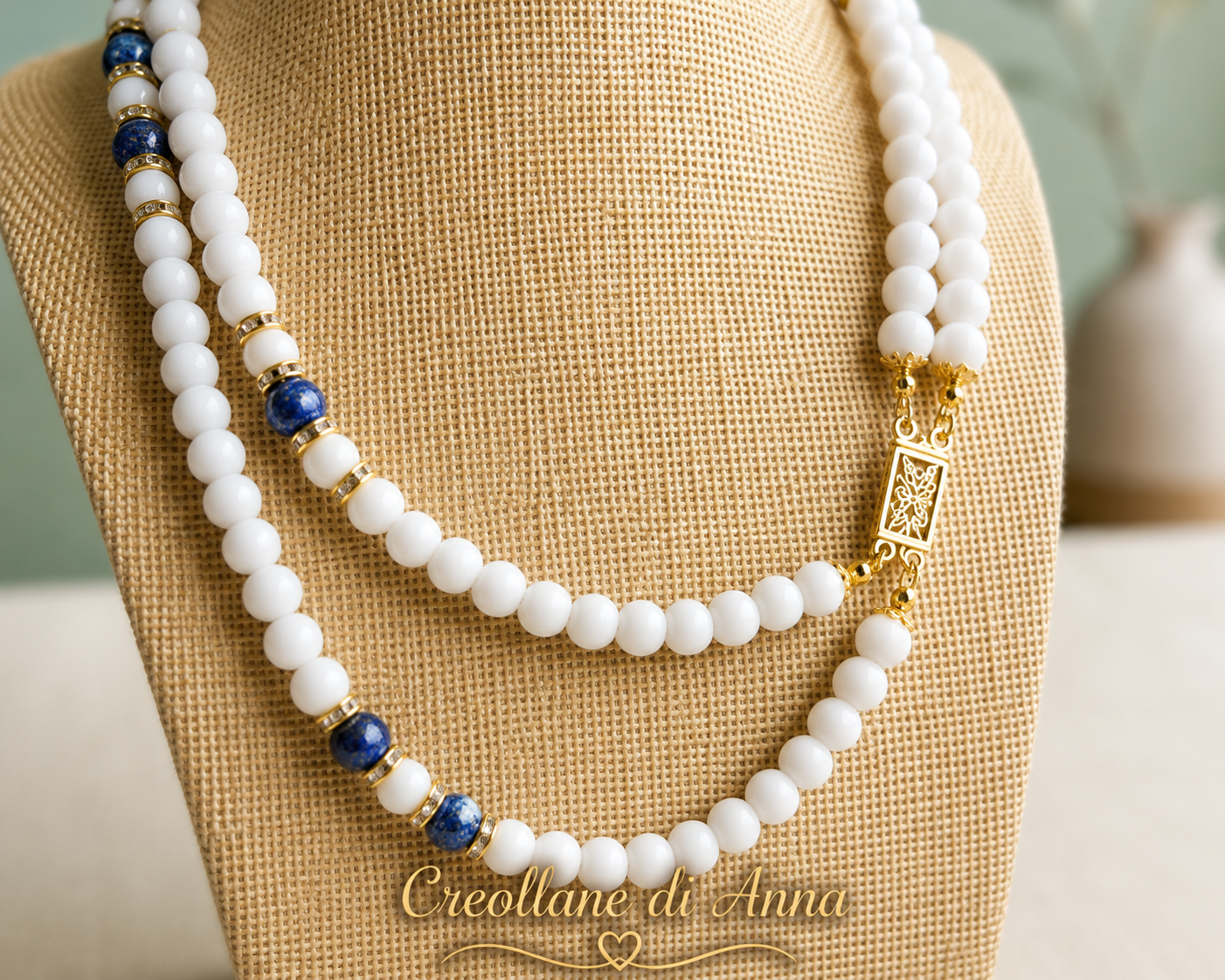 Collana Artigianale Handmade | Opale Bianco, Pietra Vulcanica Blu e Swarovski | Made in Italy