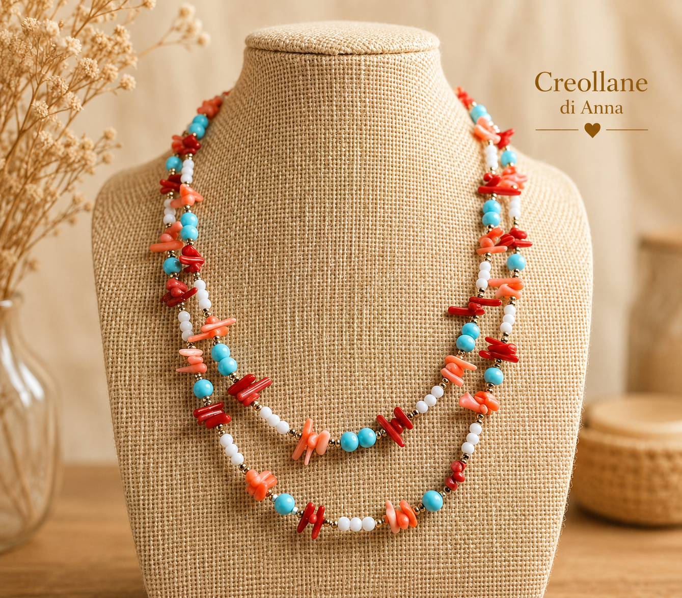 Collana Artigianale Handmade | Corallo Bambù Rosso e Rosa, Turchenite, Agata Bianca ed Ematite | Made in Italy