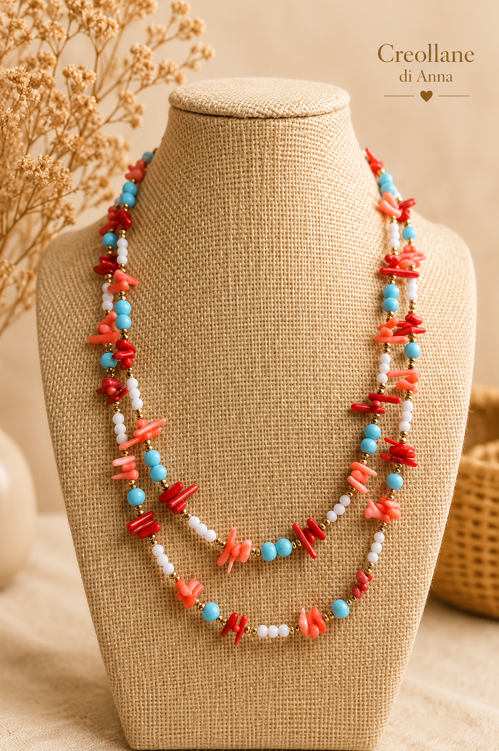 Collana Artigianale Handmade | Corallo Bambù Rosso e Rosa, Turchenite, Agata Bianca ed Ematite | Made in Italy