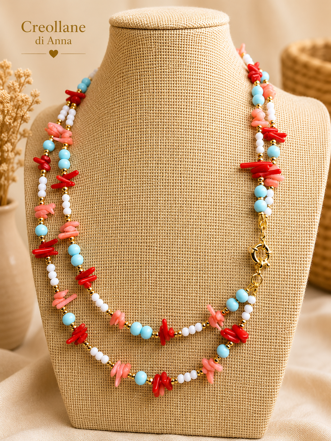 Collana Artigianale Handmade | Corallo Bambù Rosso e Rosa, Turchenite, Agata Bianca ed Ematite | Made in Italy