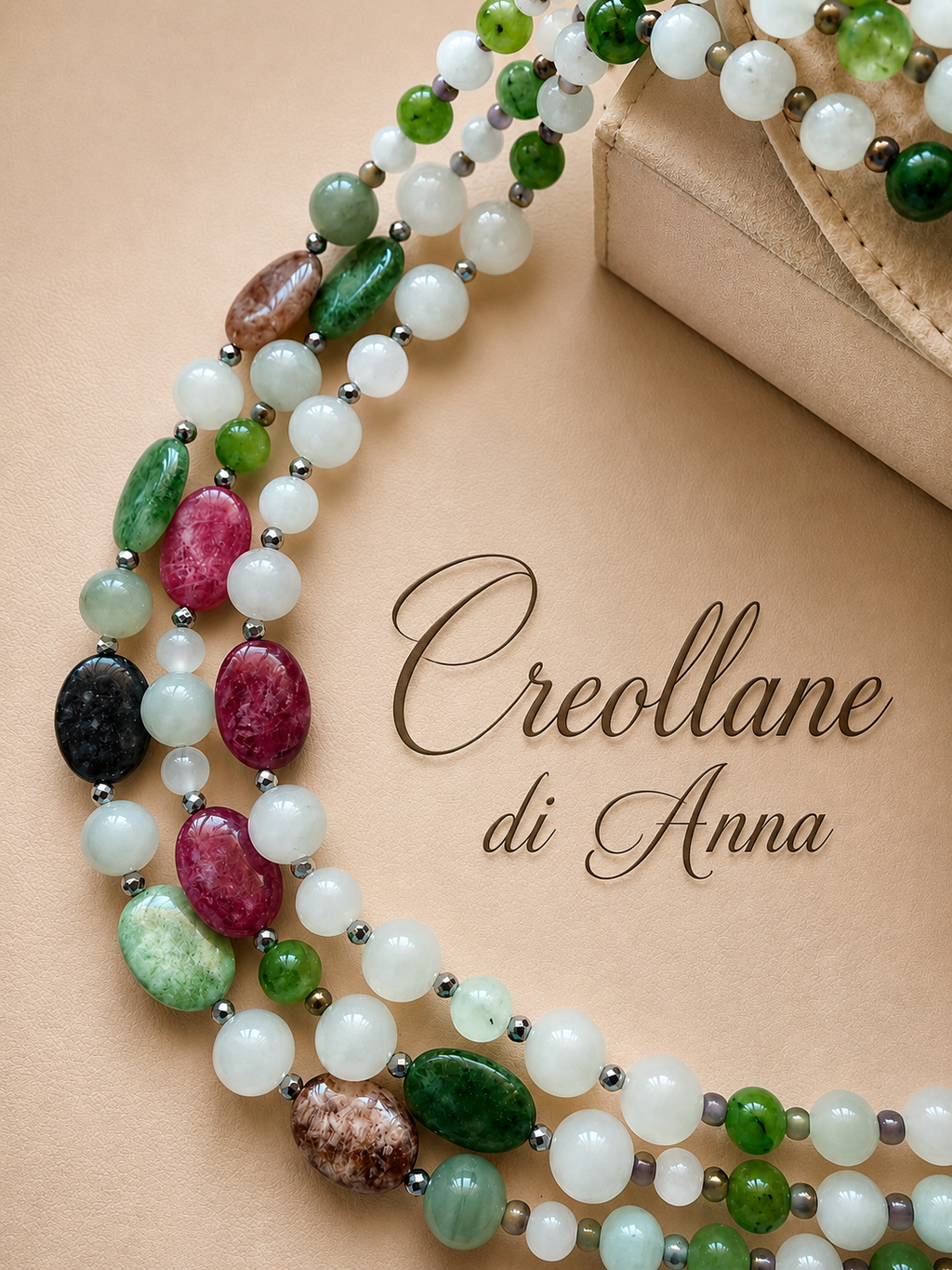 Collana Girocollo Multifilo Artigianale Handmade | Giadite, Agata Verde, Giada Fucsia e Ematite | Made in Italy
