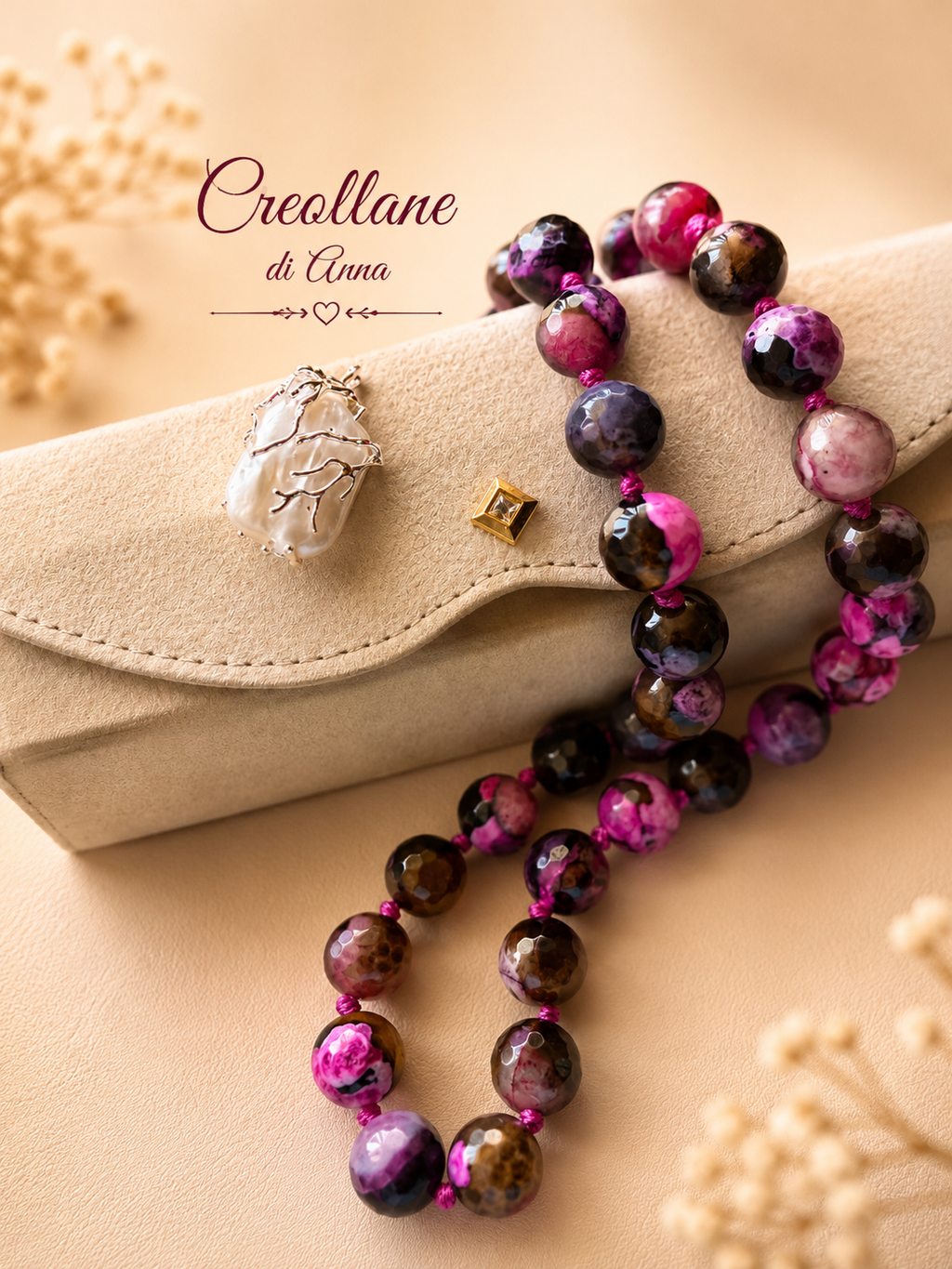 Collana Agata di Fuoco Fucsia e Nero con Ciondolo in Perla Naturale