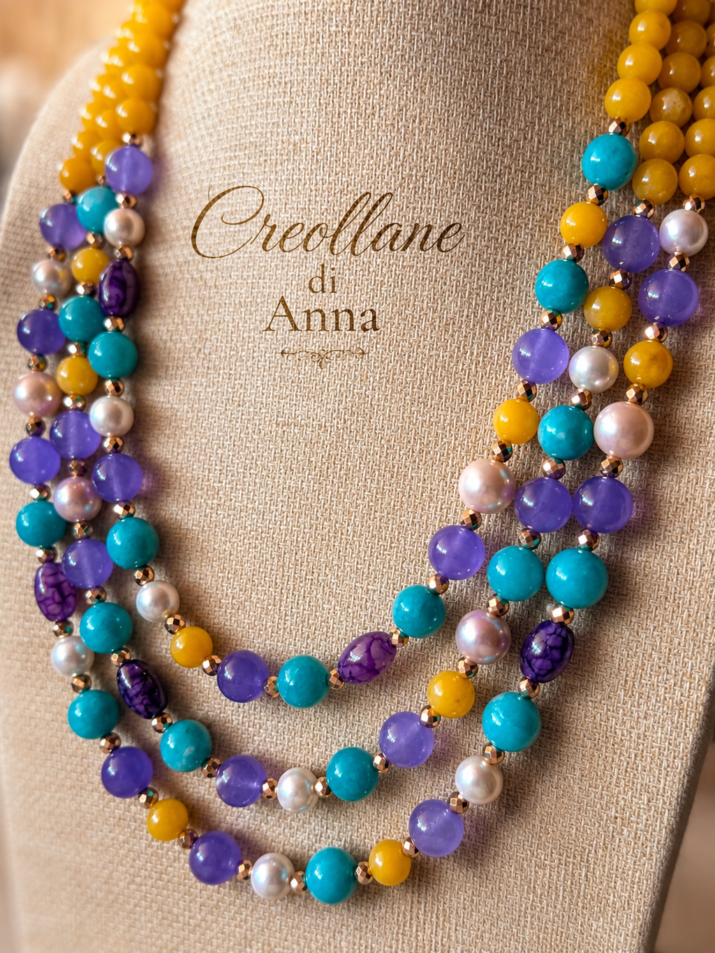 Collana Girocollo Multifilo Artigianale Handmade | Agata Naturale, Perle di Maiorca ed Ematite | Made in Italy